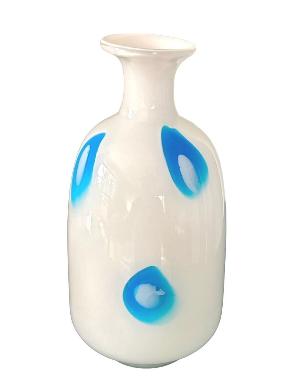 Vintage White Art Glass Vase Turquoise Blue Abstract MCM 10 Inch
